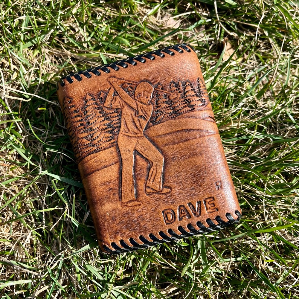 Vintage 70s Hand Tooled Embossed Trifold Leather Wallet- Dave